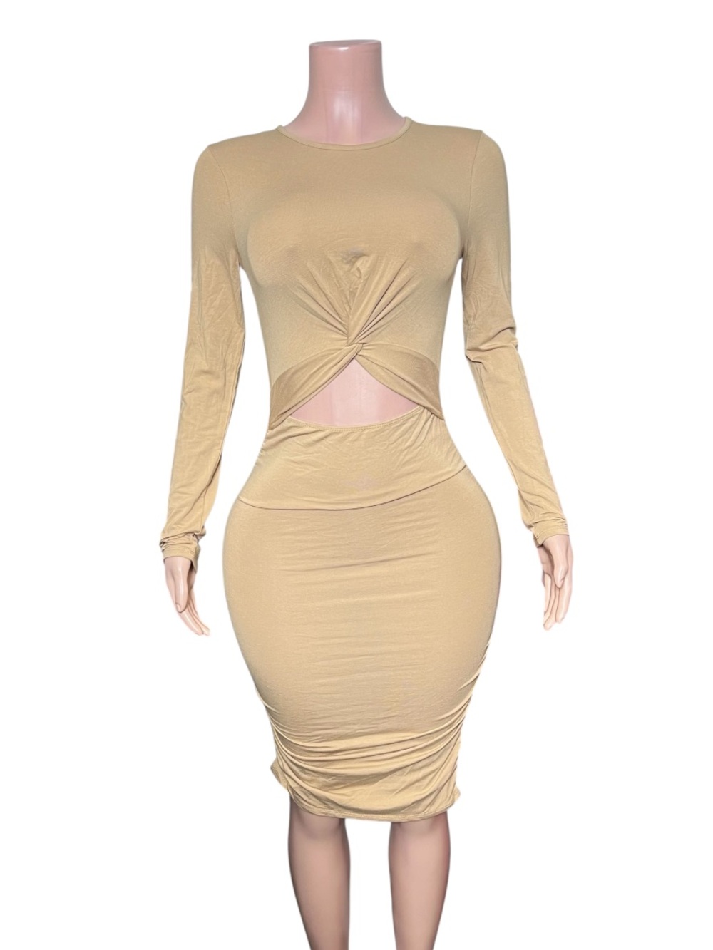 Long Sleeve Twist Cutout Bodycon Dress in Beige
